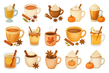 PNG Cozy autumn drinks illustration, element set on transparent background