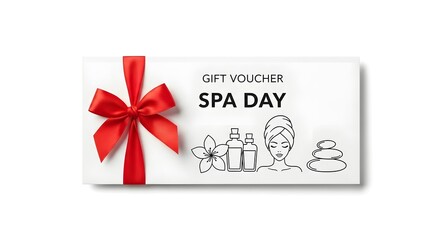 Spa day gift voucher with red ribbon isolated on white background