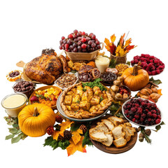 Table, showcasing delicious food and festive fall deco, A beautifully arranged table featuring an array of delicious food and vibrant fall decorations, isolated on transparent background