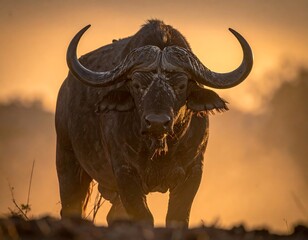 Powerful buffalo at golden sunset