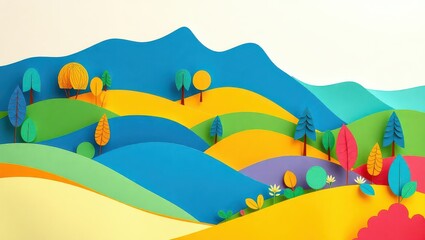 Colorful paper landscape with trees and hills isolated on white background