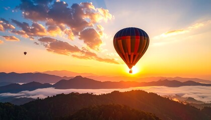 Fototapeta premium Sunrise hot air balloon over misty mountains