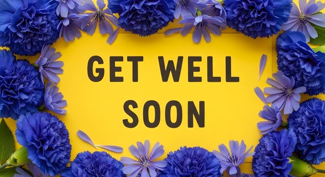 Get well soon message surrounded by blue flowers on yellow background