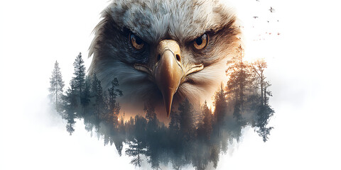 Majestic Eagle with Forest Blend: An eagle's intense gaze meets the ethereal beauty of a forest, artfully blended to evoke power, freedom, and the wild.