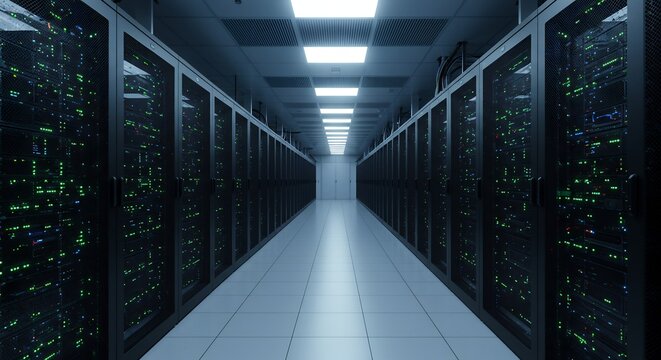Modern Data Center Server Room with Glowing Green Lights in a Long IT Infrastructure Hallway for Cloud Computing and Storage