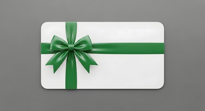 Gift card with green ribbon and bow isolated on white background