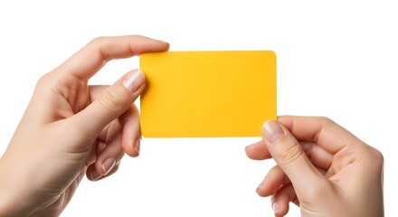 Obraz premium Woman holding a blank yellow card isolated on white background