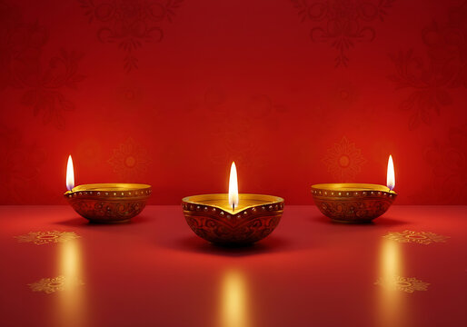 Three Diwali Lamp in the red background. Celebrations Deepavali festival of lights.