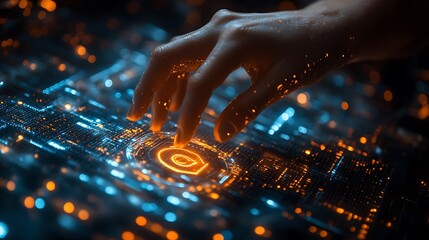 Hand interacting with glowing circuit board