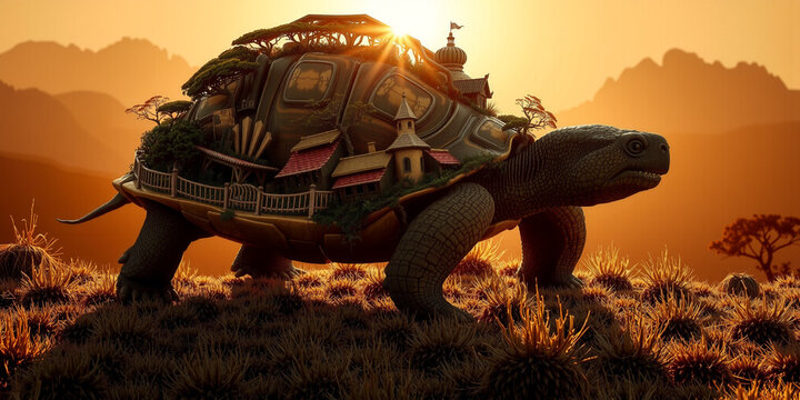 A giant tortoise slowly carrying a miniature village on its back