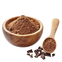 Sweet chocolate powder in a wooden, A wooden bowl filled with sweet chocolate powder, highlighting its deep brown hue and fine consistency for culinary use, isolated on transparent background