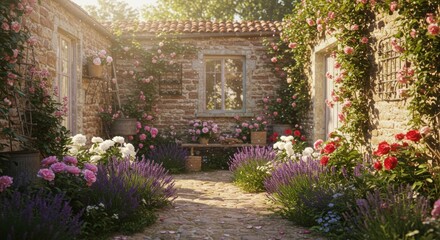 Obraz premium Sunlit stone courtyard with lavender roses and rustic architecture
