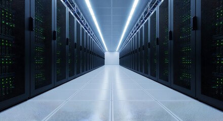 Modern data center with rows of black server racks creating an endless hallway of advanced information technology infrastructure.