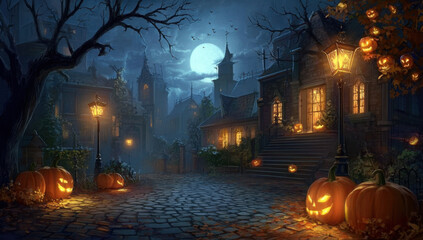 A spooky Halloween night scene with glowing jack-o'-lanterns, street lamps, and a full moon.