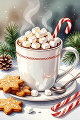 Warm winter beverage with marshmallows and cookies on a snowy table decorated for the holidays
