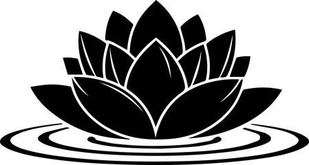 Elegant black lotus flower silhouette floating serenely on rippling water surface