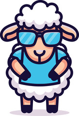 Cartoon cool sheep wearing sunglasses and blue t-shirt adorable animal character fun farm livestock mascot for kids and joyful designs vector