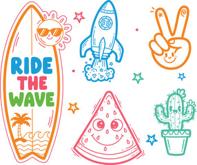 Colorful Doodle Style Summer Icons – Surfboard, Rocket, Peace Sign, Pizza Slice, Cactus and Fun Cartoon Elements