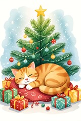 Cozy orange cat sleeping under a colorful Christmas tree surrounded by wrapped gifts
