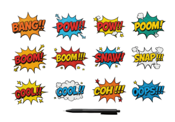 Twelve polished, vibrant 3d comic sound effect art, with a drafting pen, arranged on a solid transparent background, featuring precise studio lighting. Retro pop art aesthetic