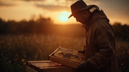 Golden hour beekeeper harvests honey from hive, capturing the essence of rural life and natural sweetness