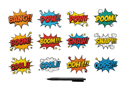 Twelve polished, vibrant 3d comic sound effect art, with a drafting pen, arranged on a solid transparent background, featuring precise studio lighting. Retro pop art aesthetic