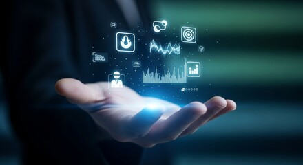 Futuristic digital interface floats above open palm showcasing business analytics and data visualization icons