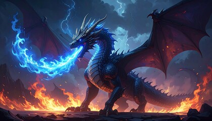 Powerful dragon spewing blue flames in a stormy landscape