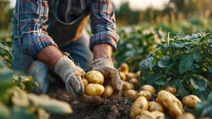 Proud farmer harvests organic potatoes from rich soil for a healthy farm to table lifestyle concept