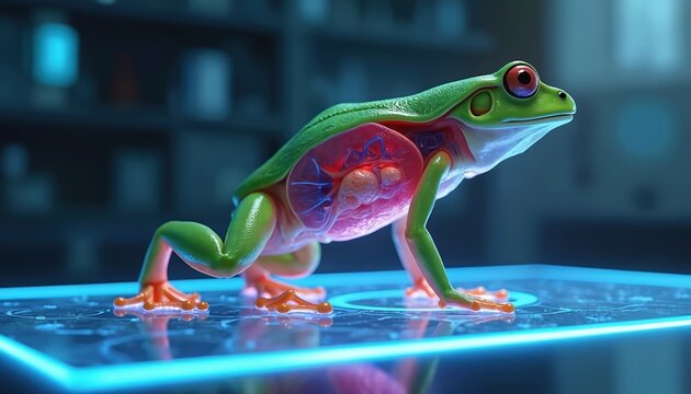 Animated frog dissection model in 3D educational science laboratory. Close-up view shows internal anatomy, organs, and vascular system in a virtual environment with futuristic blue glowing interface.