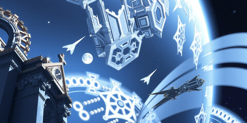 An intricate and detailed ornate cathedral floating in the starry expanse of deep space