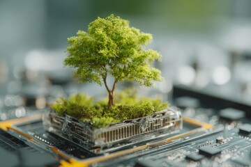 A vibrant miniature tree thrives on a detailed circuit board, symbolizing green technology and sustainable computing innovations.