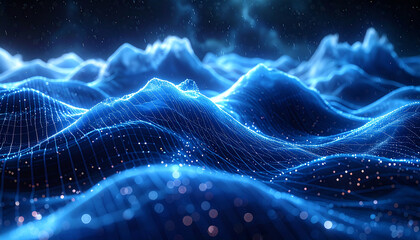 Oceanic Digital Waves: Digital artistic waves undulate in a serene symphony of blues, with twinkling lights evoking a celestial panorama, offering a feeling of both vastness and tranquility.