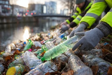 Volunteers collecting plastic bottles from a heavily polluted riverbank.