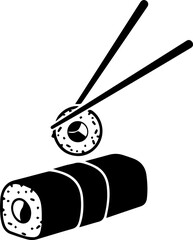 Fresh sushi roll lifted by chopsticks above whole roll, inviting delicious Japanese dining experience. © MirzaMoaazSAFDER