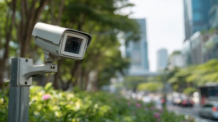 A security camera is positioned on a post monitoring an urban street filled with lush green plants and tall buildings under bright daylight. Busy traffic can be seen in the background.