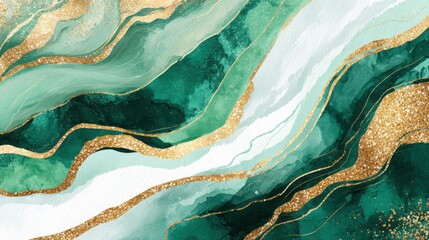 This artwork features flowing shades of green combined with elegant gold accents throughout the design creating a captivating abstract aesthetic perfect for modern decor.