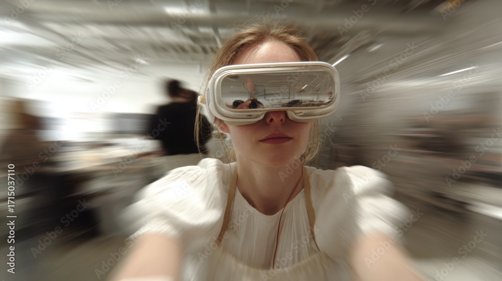 Wall mural medium shot of a viewer experiencing immersive vr art headset and captivated expression centered and