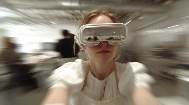 Medium shot of a viewer experiencing immersive VR art headset and captivated expression centered and crisp while the dynamic virtual surroundings blur gently.