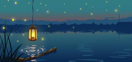 A Rustic Lantern Floating Down a Calm River
