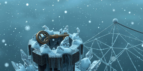 A Rusted Key Embedded in a Stone Pedestal