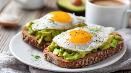 Slices of whole grain bread topped with smashed avocado and sunny-side-up eggs are garnished with herbs accompanied by a steaming cup of coffee in the morning light.