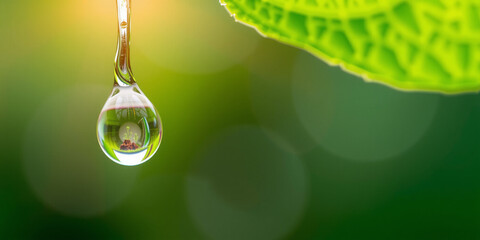 A Single Dewdrop Hanging from a Vibrant Leaf
