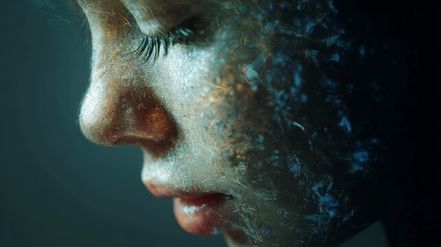 Intricate futuristic skin texture close-up creates a mesmerizing ethereal beauty concept art masterpiece