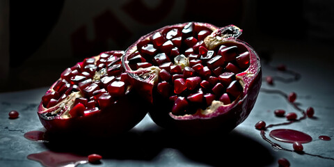 A Sliced Pomegranate on a Marble Countertop