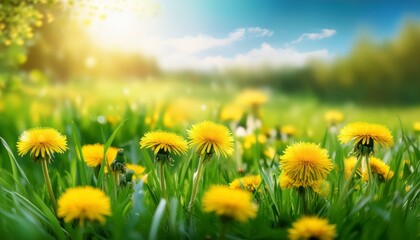 Green Grass And Yellow Dandelion Flowers In Spring Field
