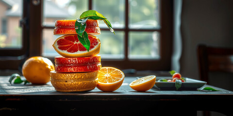 A Perfectly Balanced Stack of Vibrant Citrus Fruits