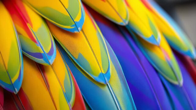 Colorful blue and yellow macaw feathers pattern with vibrant parrot design and bright rainbow texture background