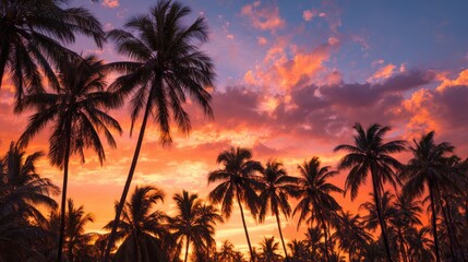 Bright orange and purple hues fill the sky as the sun sets casting silhouettes of palm trees in a tropical landscape during the evening hours.