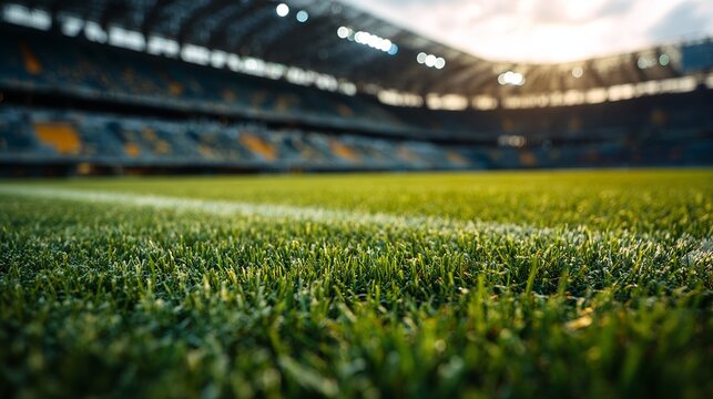 Vibrant close-up of lush green stadium grass, perfect for sports marketing and event promotions - Powered by Adobe